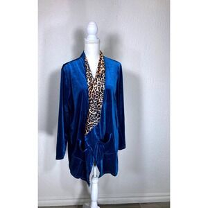 Umgee Blue Velvet Leopard Print Trim Open Front Cardigan Pockets Womens Medium